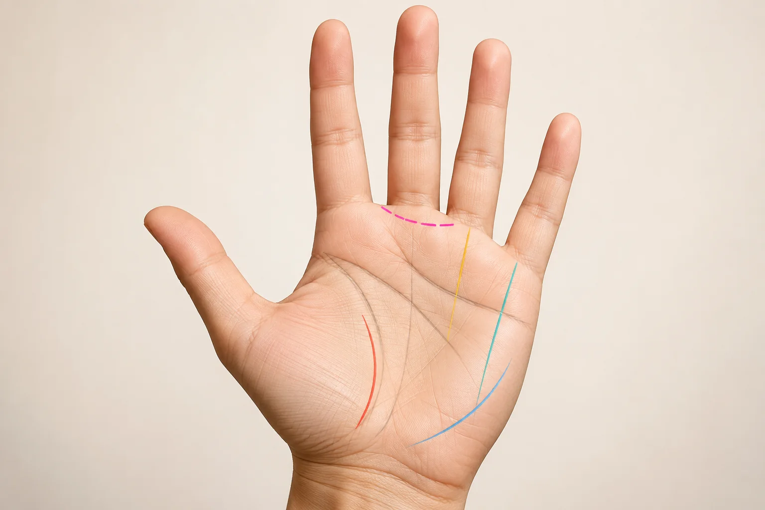 Open palm with five traditional minor lines highlighted in different colours