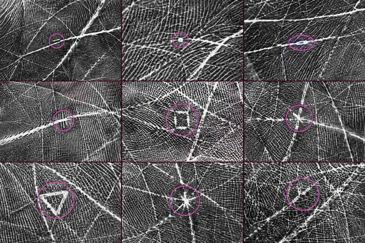 Nine magnified palm-print panels showing line marks and geometric formations