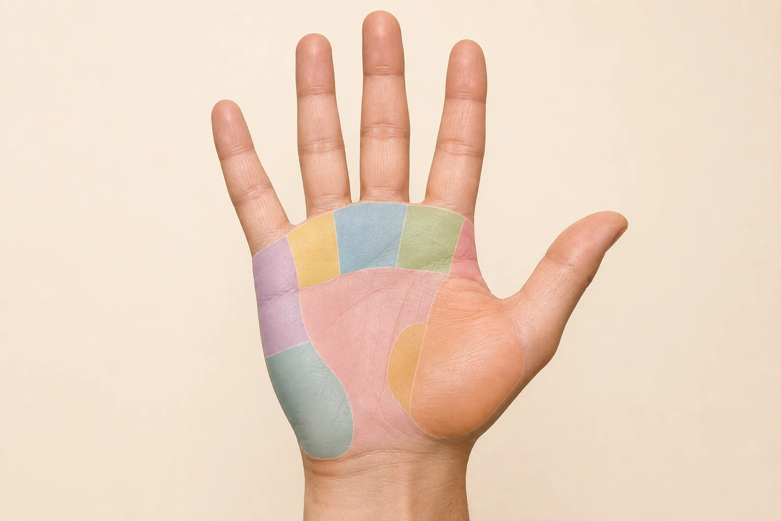 Open palm divided into coloured zones for the traditional palm mounts