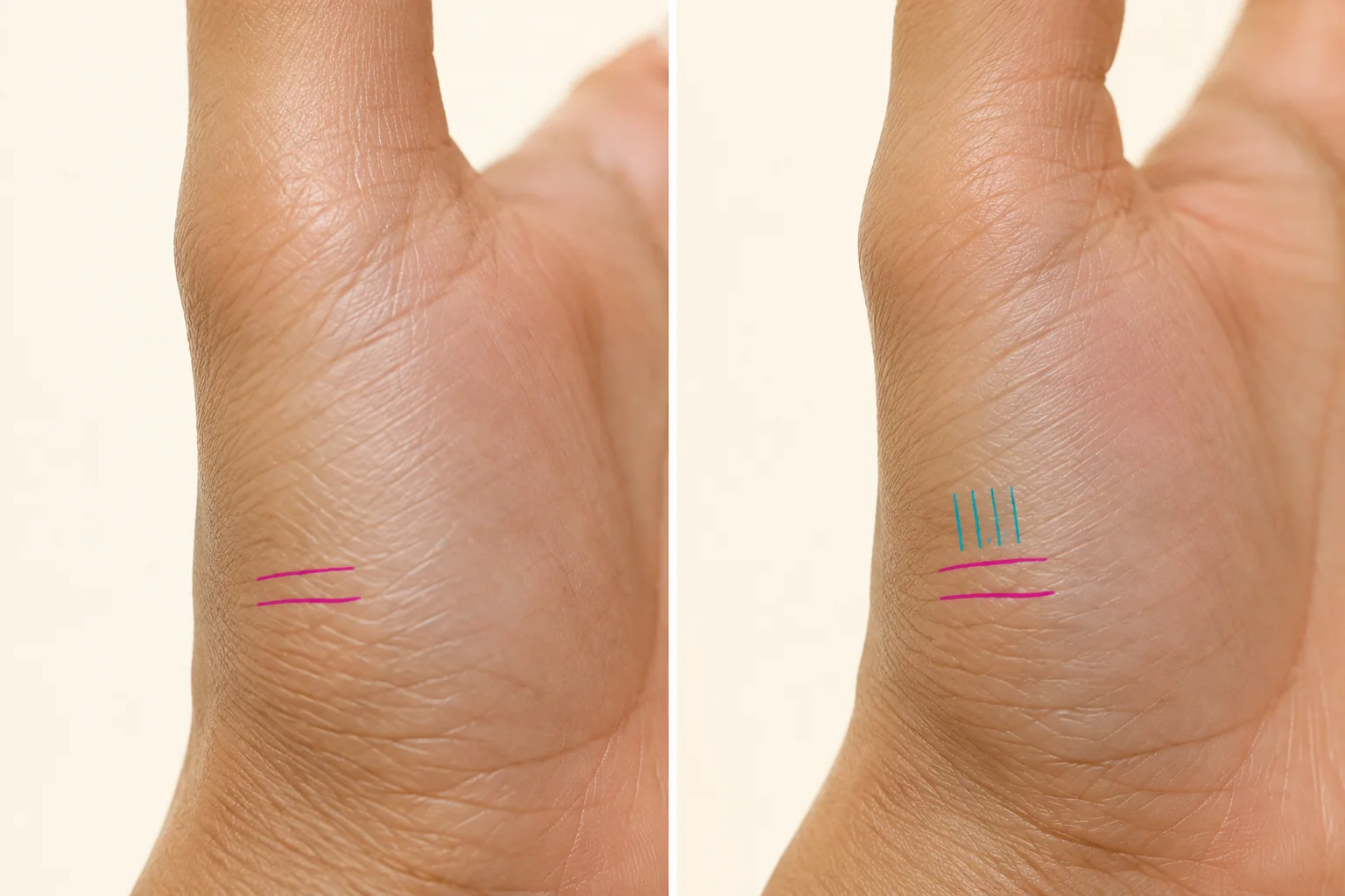 Two close views of the palm edge below the little finger with horizontal and vertical lines highlighted