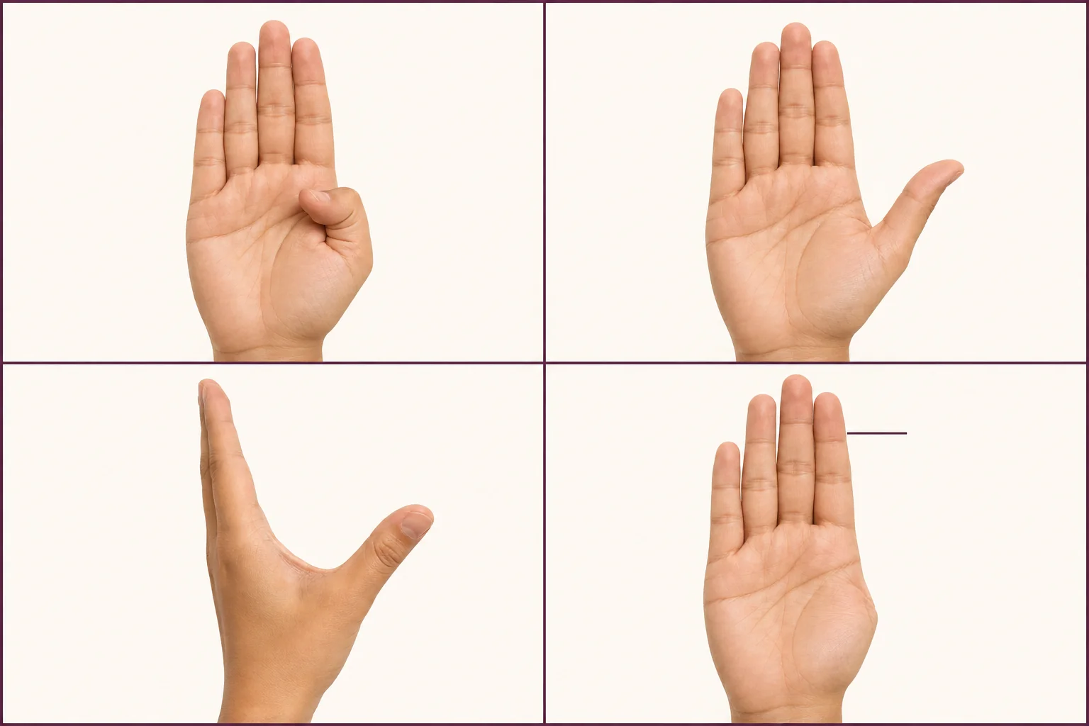 Four hand panels comparing thumb position, thumb flexibility, and finger length