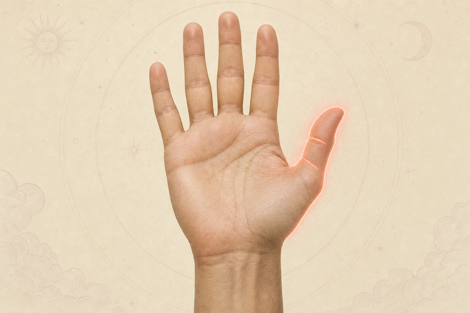 Open hand with the thumb subtly emphasized for a palmistry study