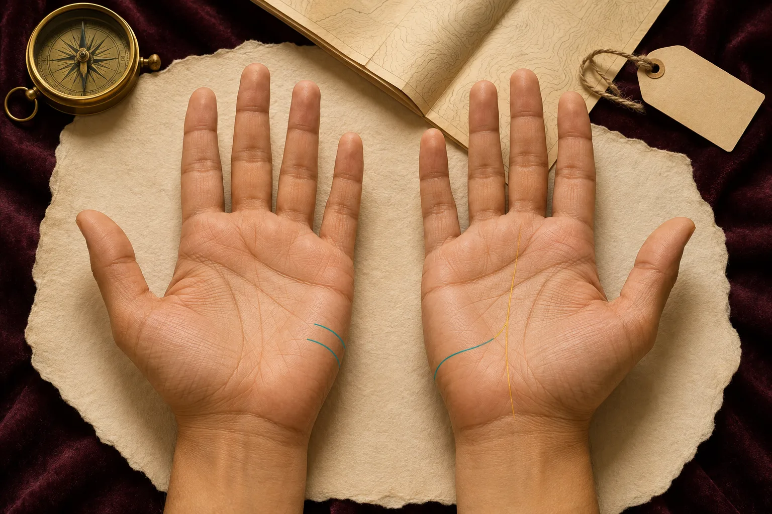 Two open palms with travel lines on the Moon mount and one line joining the fate line