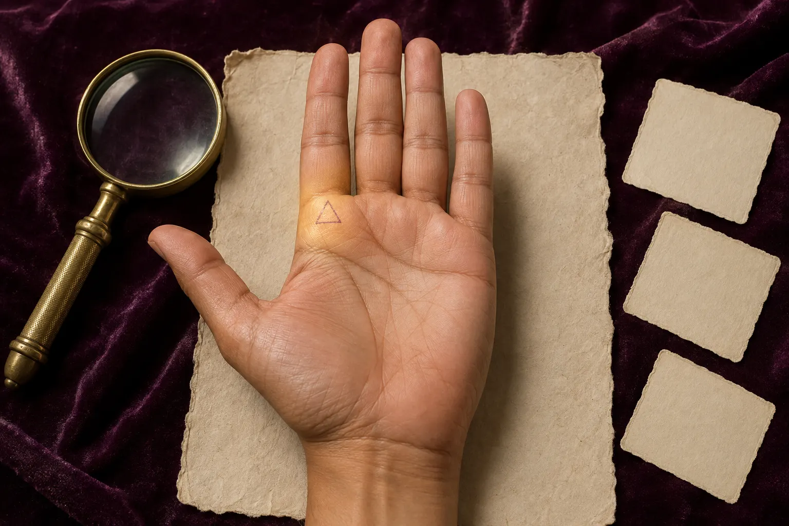 Right palm with a closed three-sided triangle highlighted on the Jupiter mount