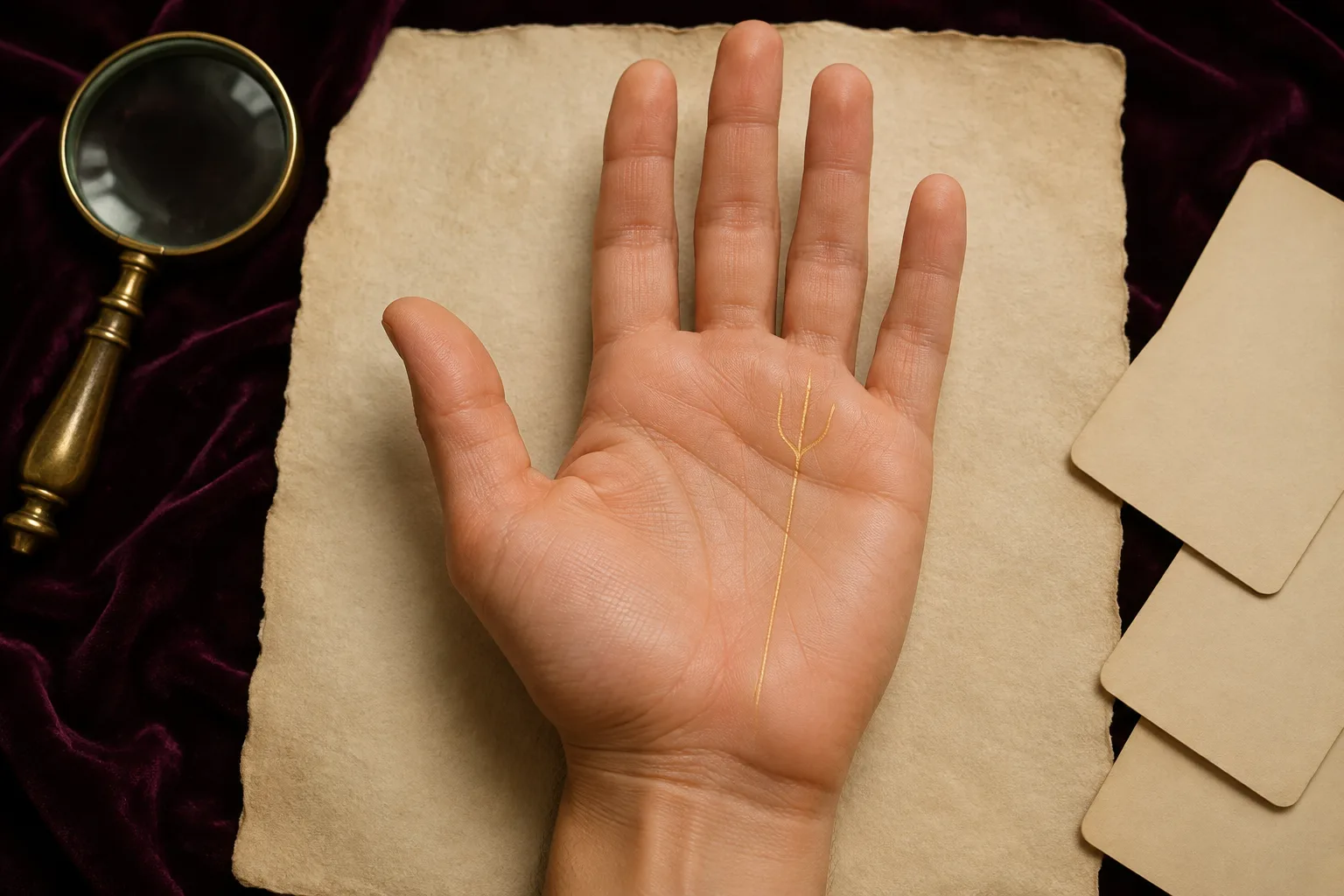 Right palm with one central Sun-line stem dividing into three upward prongs below the ring finger