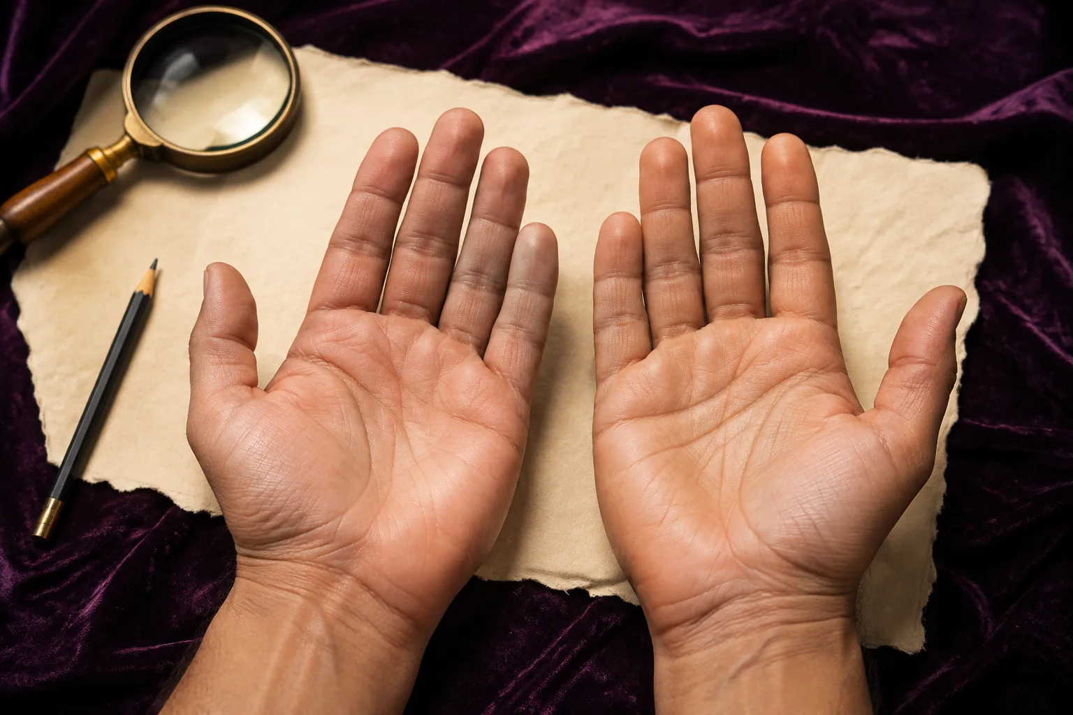 Two open palms on cream paper beside a magnifying glass for a complete palm reading
