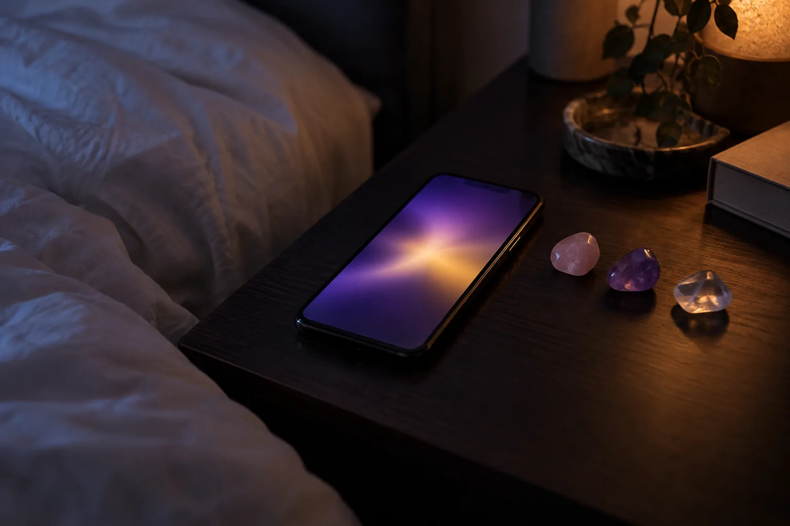 A smartphone glowing face up on a dark bedside table at night, next to three small polished stones laid in a row
