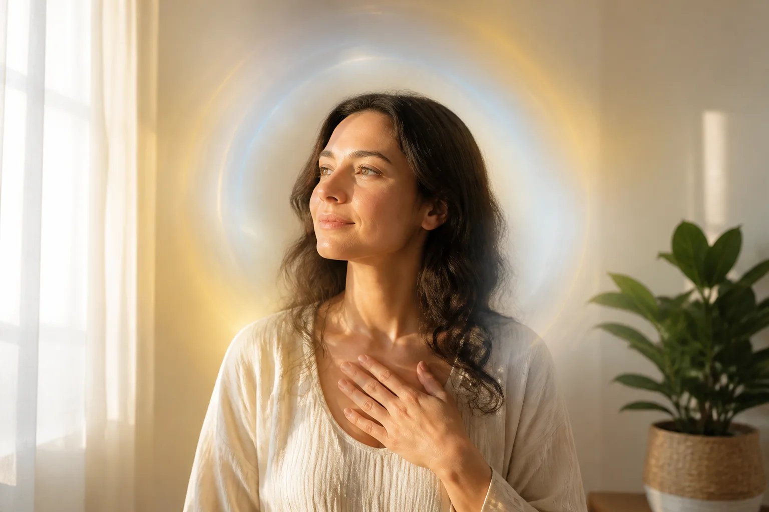 Woman standing in a warm room with a subtle artistic gold and blue halo-like glow around her
