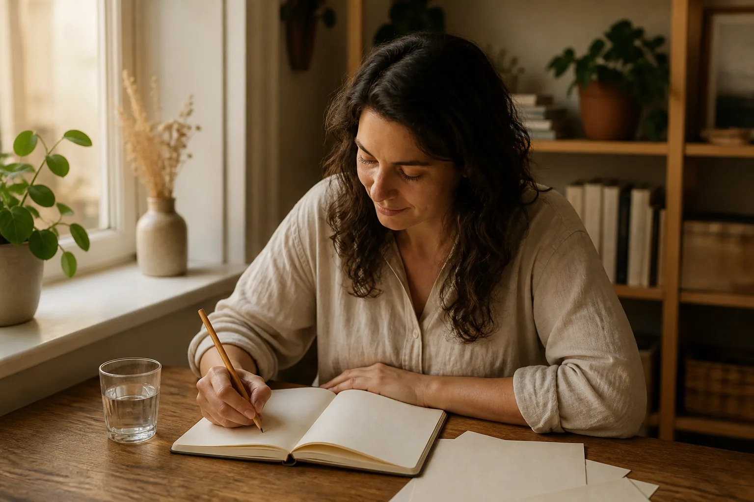 Woman writing in a blank journal at a warm window-side desk during a quiet automatic writing practice