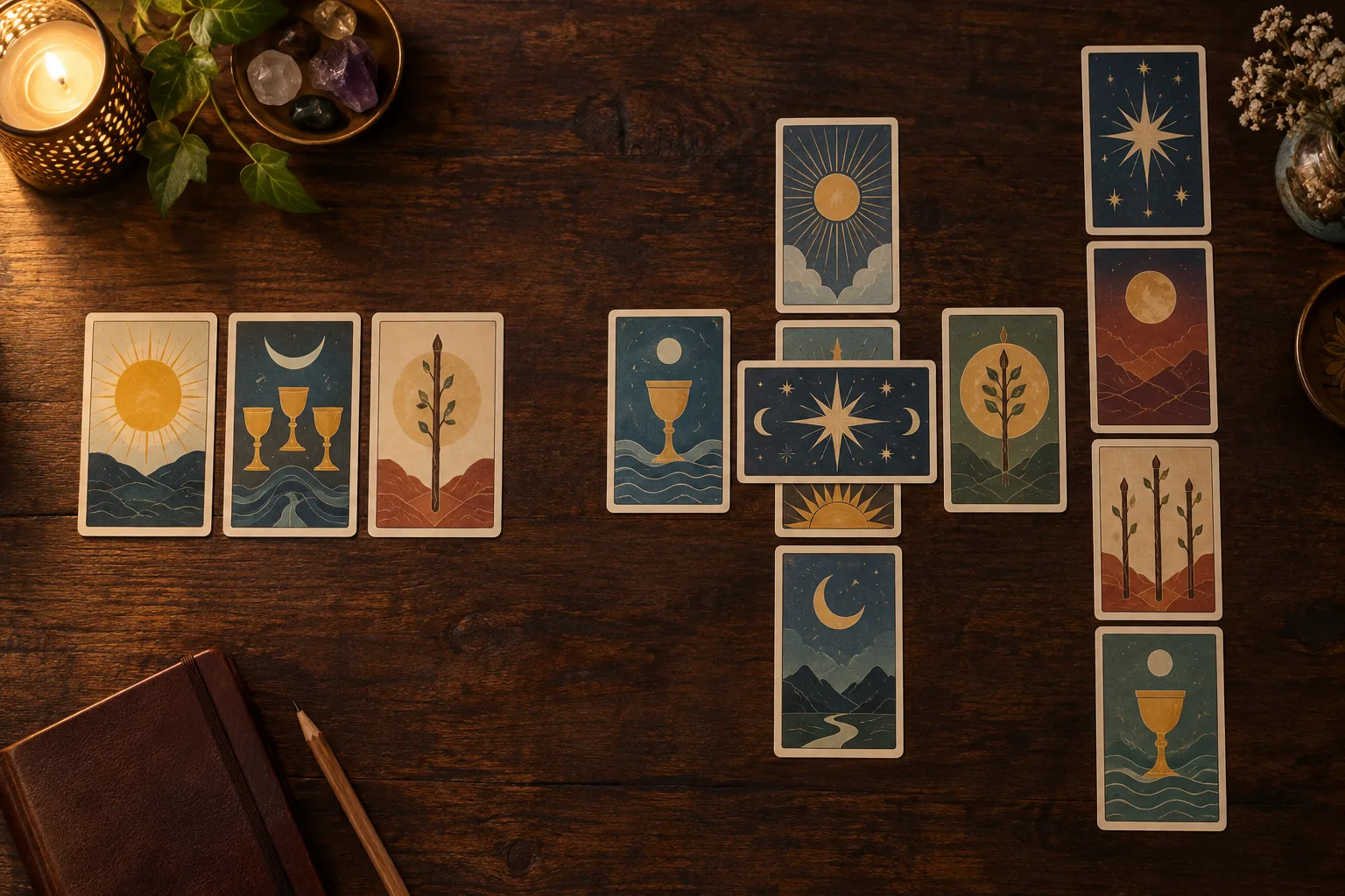 Two tarot layouts side by side on a wooden table, a short row of three cards and a ten-card cross with a column beside it