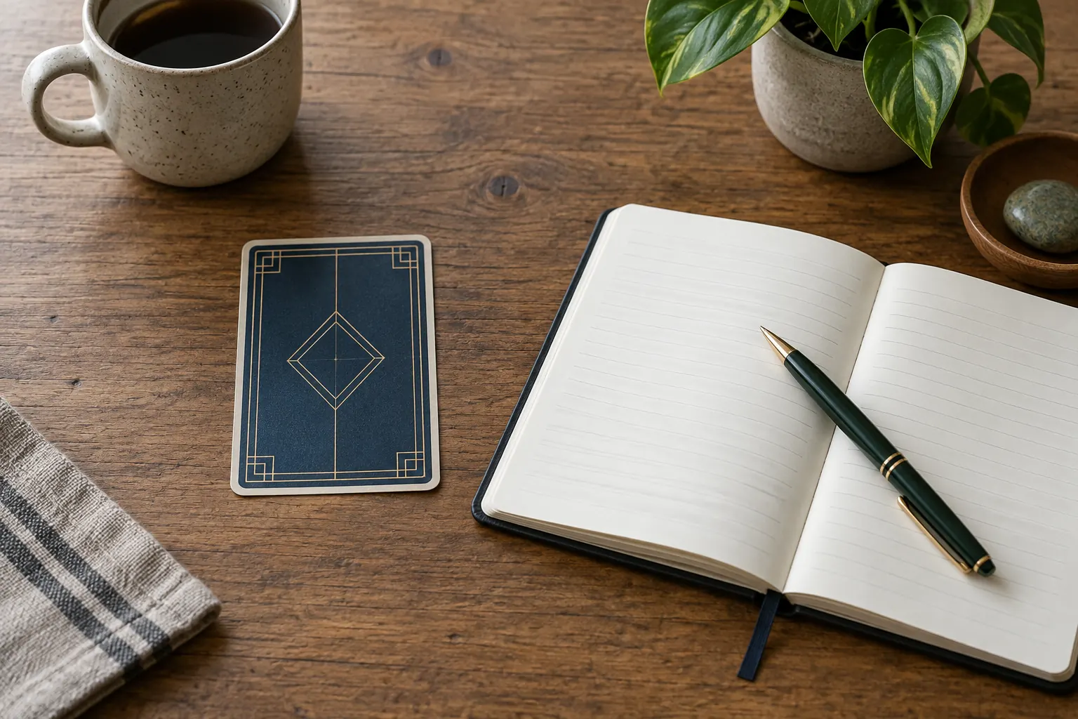 A single tarot card laid face down on a wooden table beside a notebook and pen