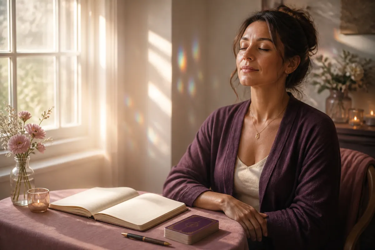 Woman seated by a window with a journal and Tarot deck during a quiet meditation practice