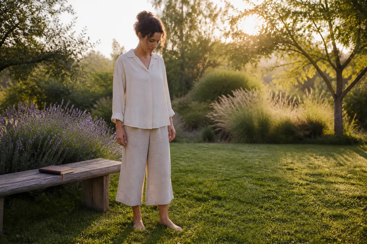 Woman standing barefoot on grass beside a wooden bench with a closed journal at sunrise