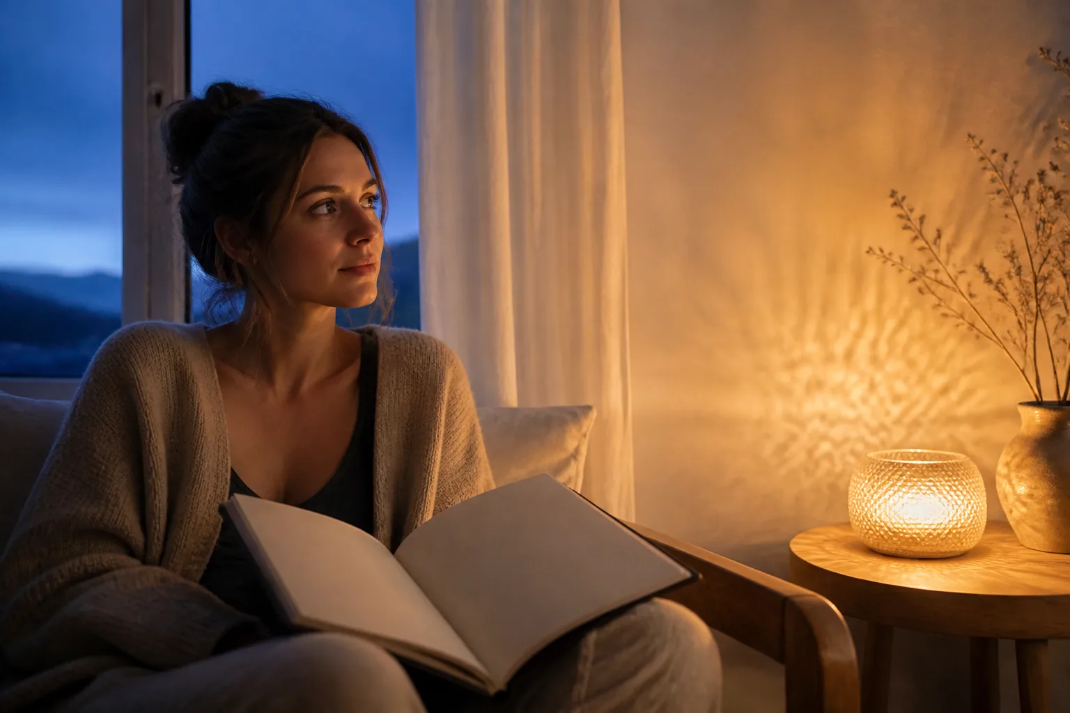 Woman holding an open blank journal beside a warm lamp at a twilight window during a quiet reflective practice