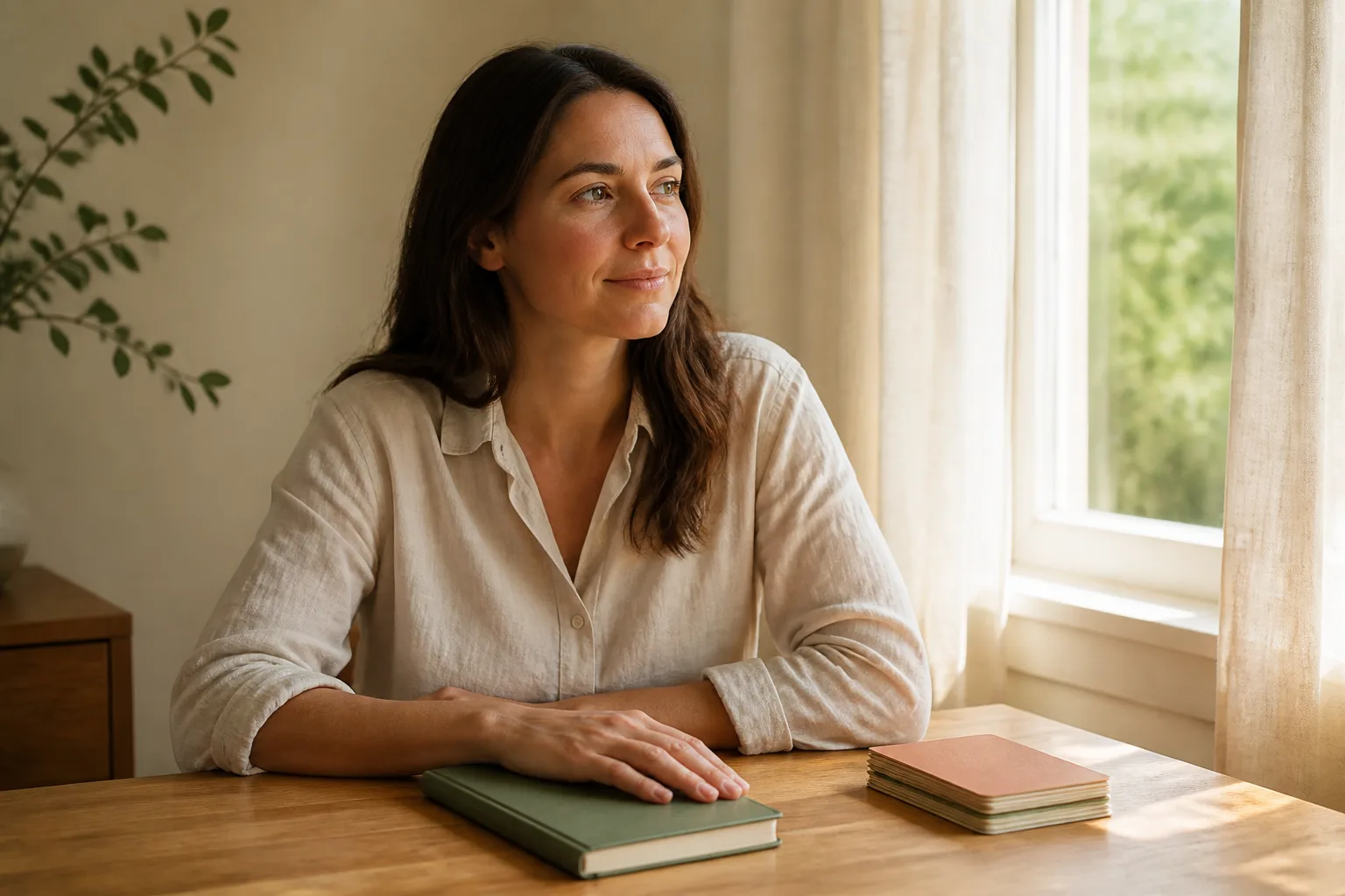 Woman pausing beside a closed journal and a neat stack of blank note cards at a sunlit table