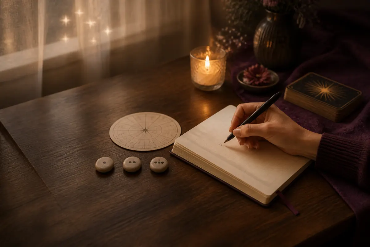 Hand reviewing an open journal beside a Tarot deck and small stones during a warm evening psychic practice