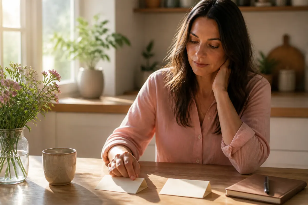 Woman pausing over two blank choice cards at a sunlit table with a journal nearby