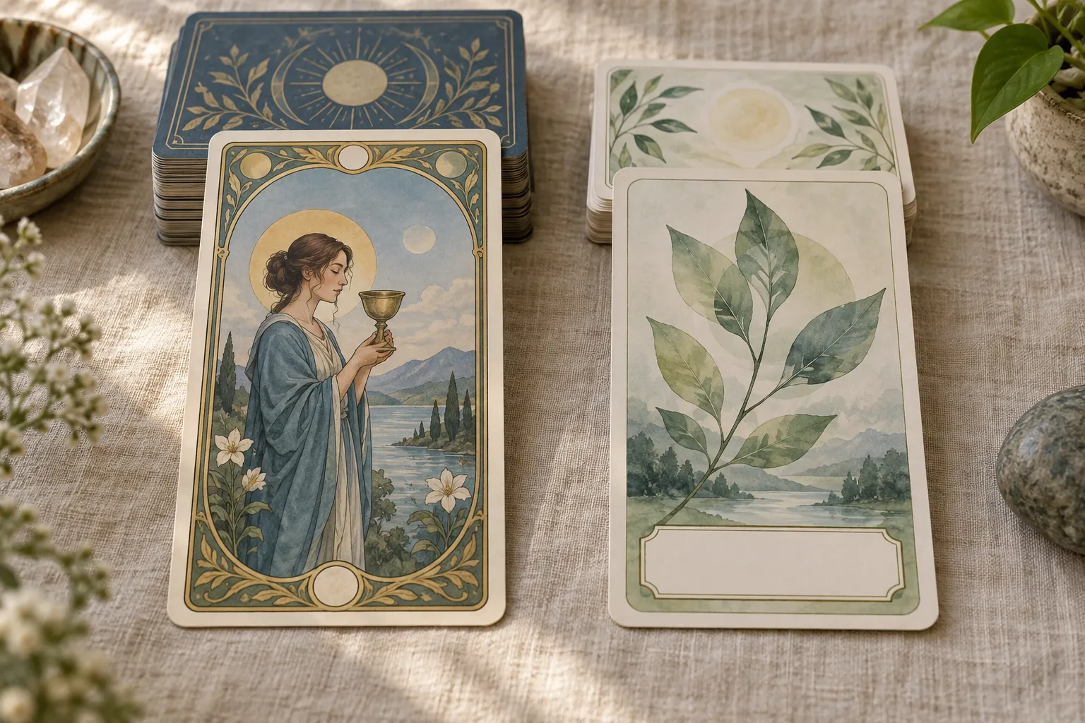 A tarot-style card and an oracle-style card with a blank word banner side by side on a linen cloth, with a small stack of each deck behind them