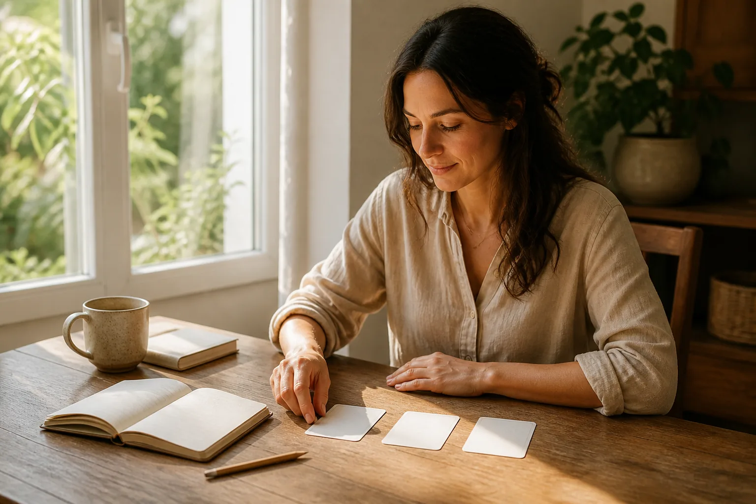 Woman using three blank cards and an open journal for a quiet beginner intuition exercise at a sunlit table