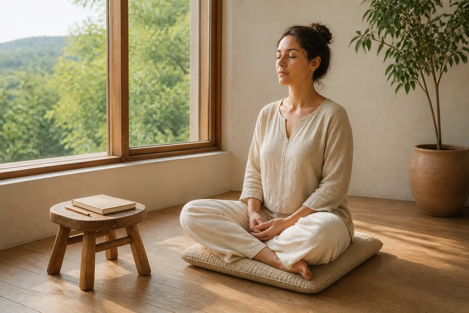 Woman seated on a floor cushion by a bright window with a blank journal nearby during a quiet beginner meditation