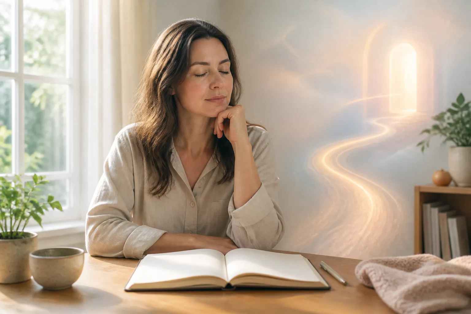 Woman with eyes closed beside an open blank journal as a soft abstract glowing path leads toward a doorway behind her