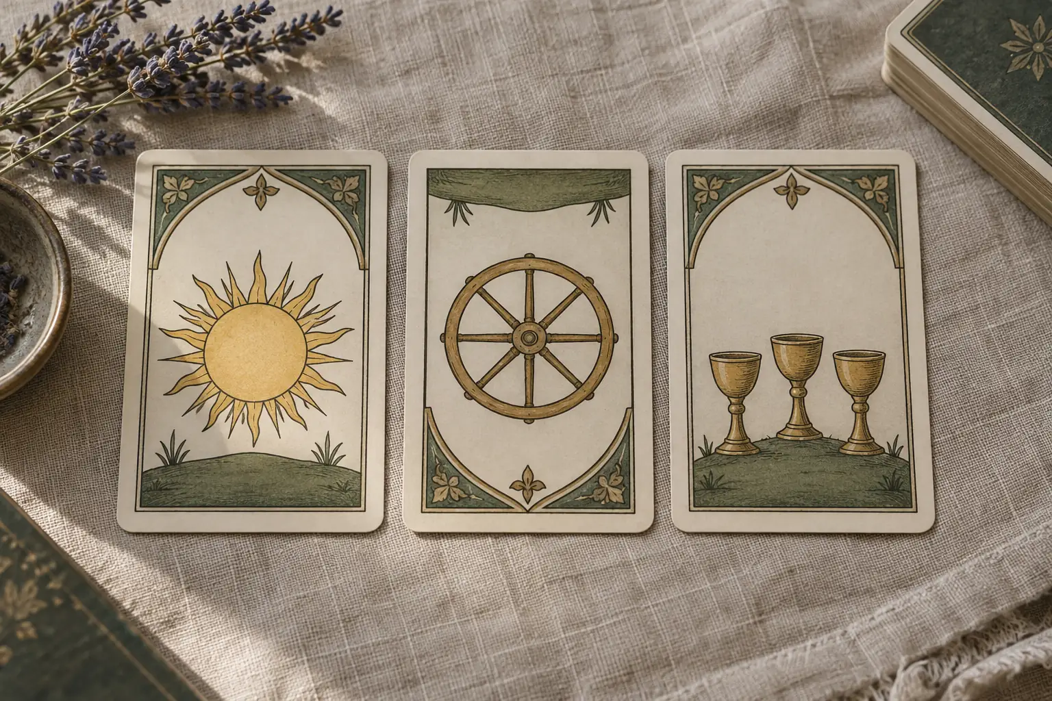 Three tarot-style cards with simple abstract designs laid in a row on a linen cloth, the middle one upside down