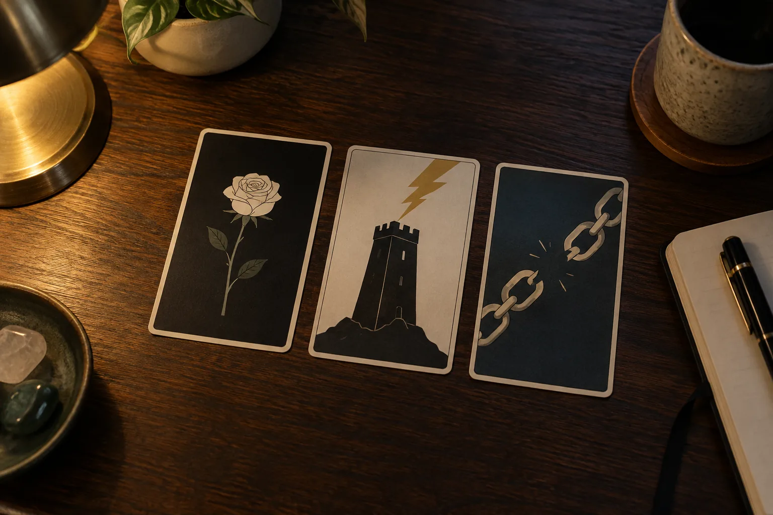 Three tarot cards with simple abstract art, a lightning bolt, a white rose and a loose chain, lying face up on a dark table by lamplight