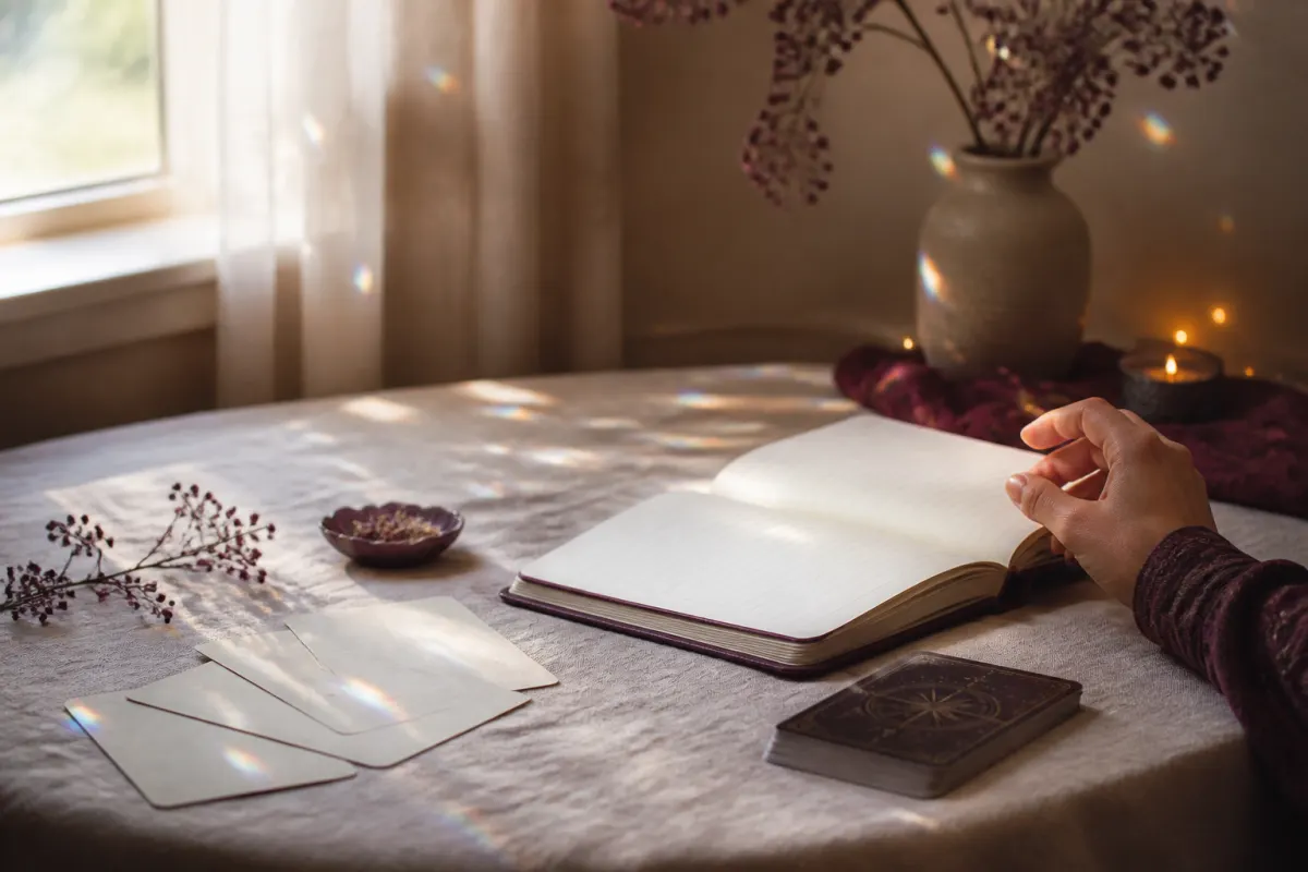 Open journal, blank note cards, and Tarot deck in warm dawn light during a quiet psychic self-assessment