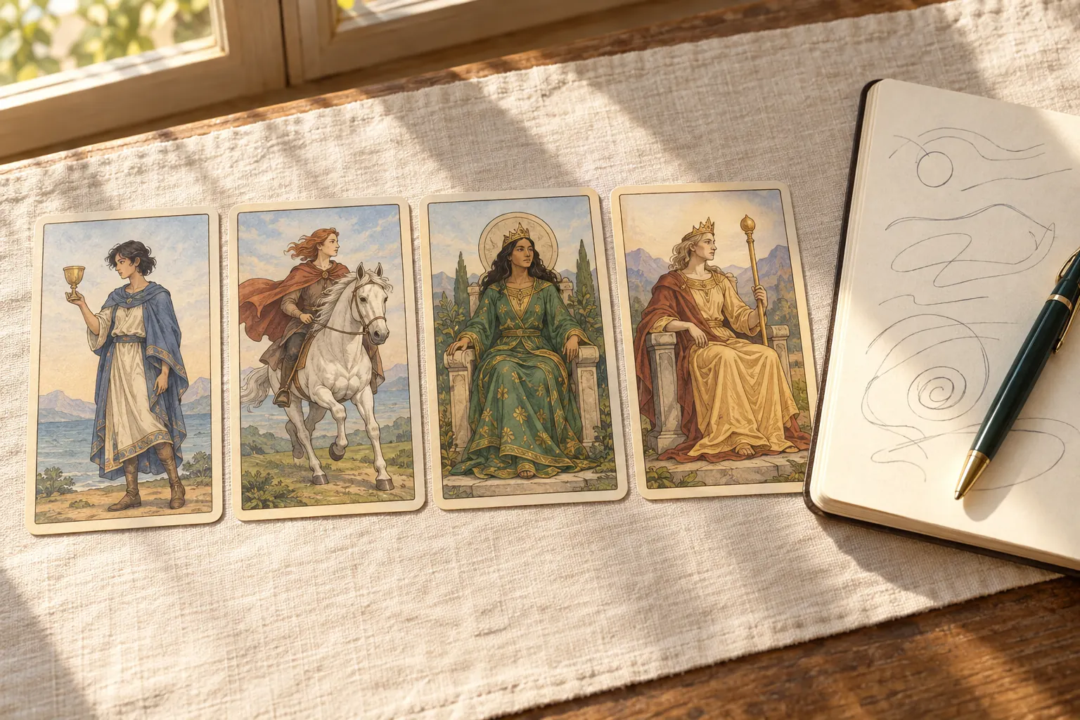 Four tarot-style court cards, a page, a knight, a queen and a king, laid in a row on a linen cloth beside a notebook and pen