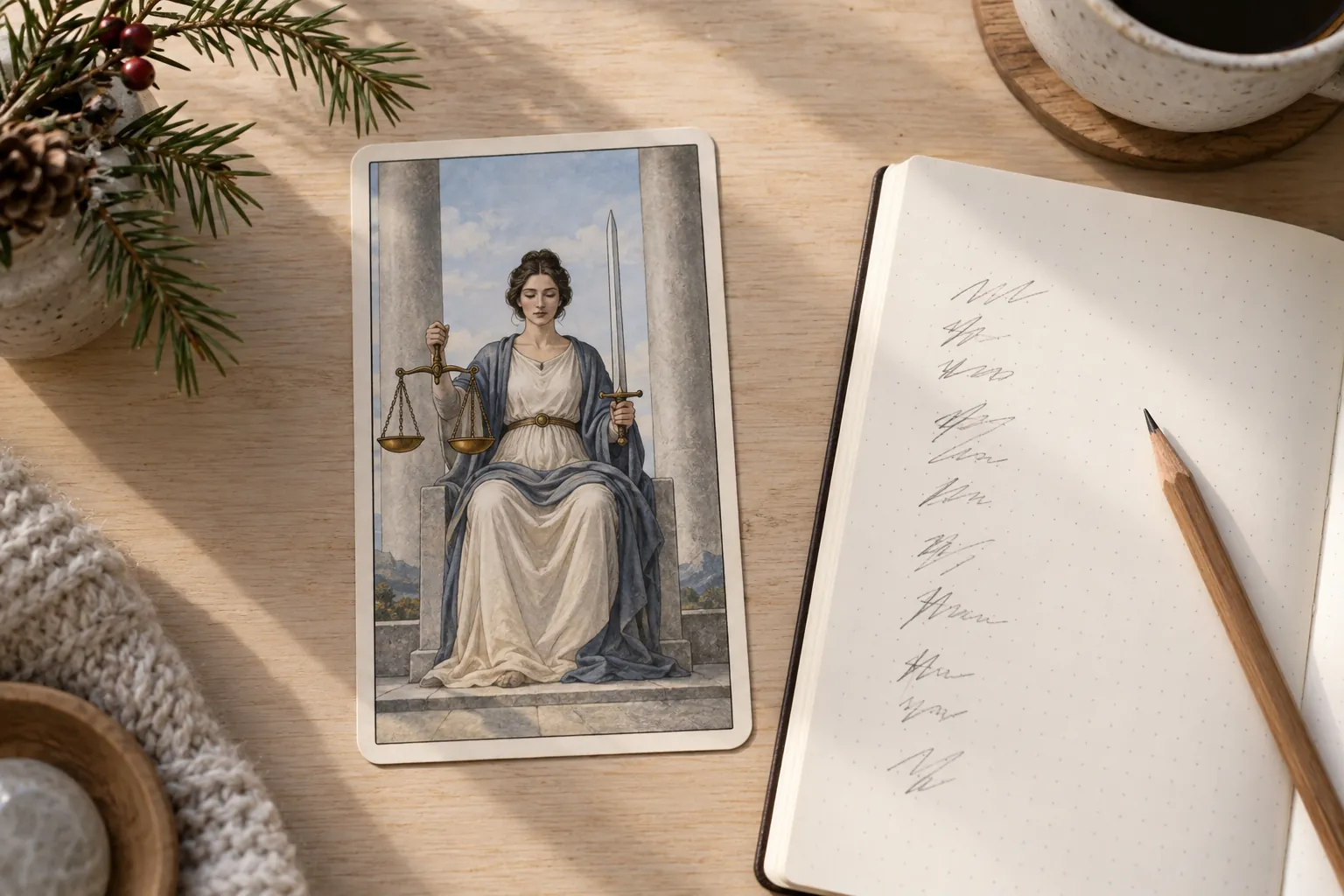 A single upright tarot-style card showing a seated figure holding scales and a sword, beside a handwritten sum on a notebook page and a pencil