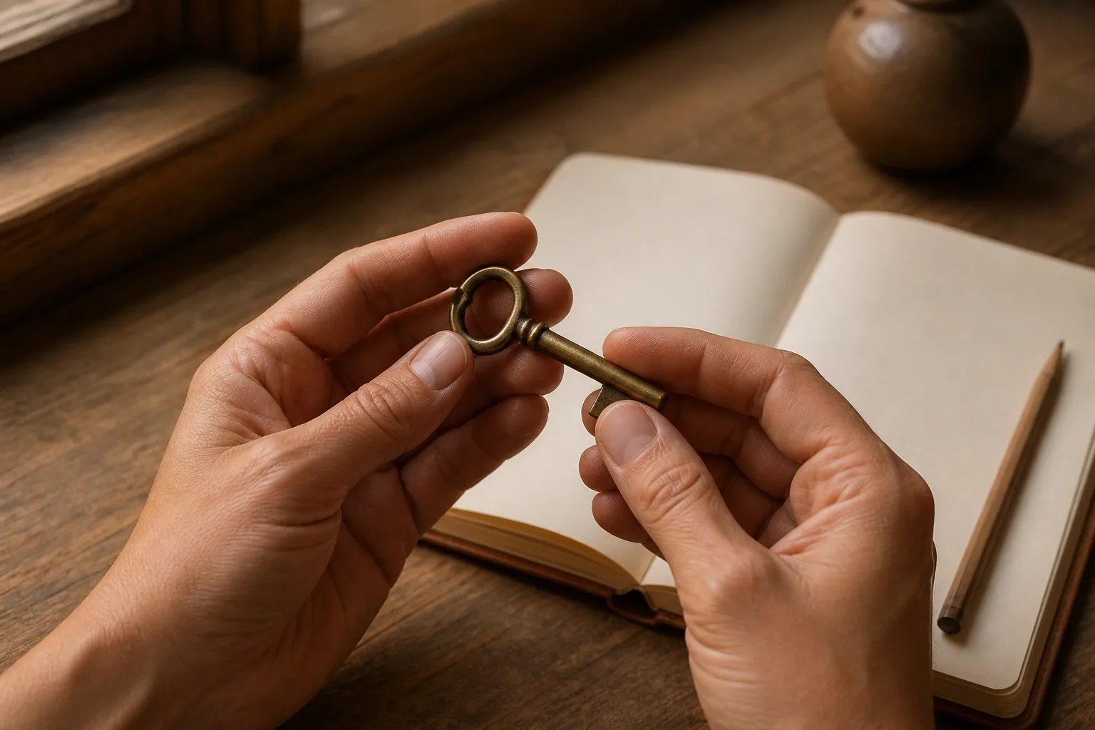 Two hands holding a plain vintage brass key above a blank journal on a warm wooden table