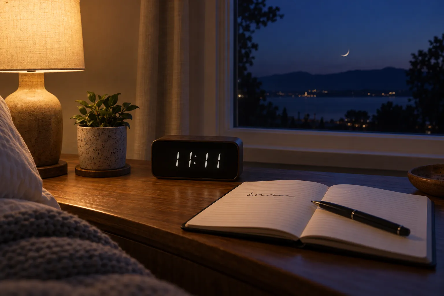 A bedside alarm clock showing 11:11 next to an open notebook and a pen, with a thin crescent moon in the window
