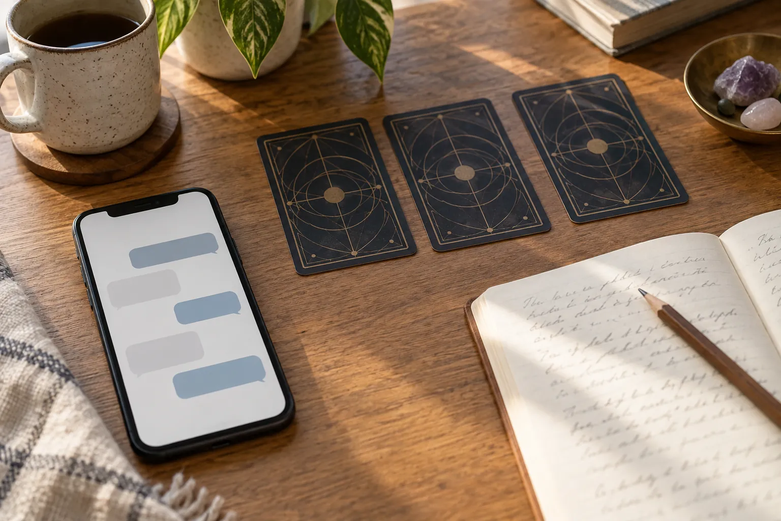 A phone showing a chat window next to three face-down tarot-style cards and a handwritten notebook on a wooden table