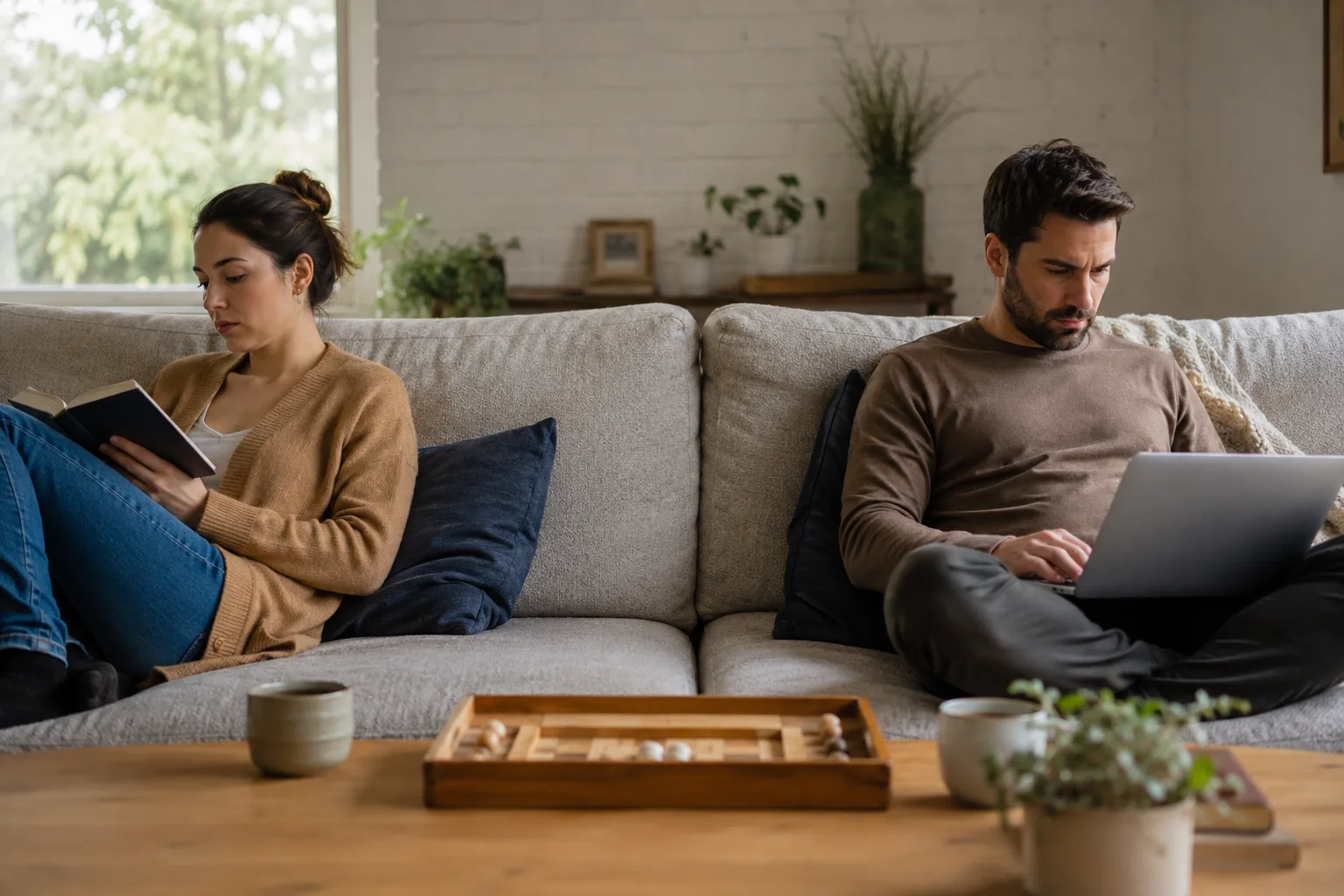 A couple sits at opposite ends of a sofa absorbed in separate activities while a shared board game remains unused