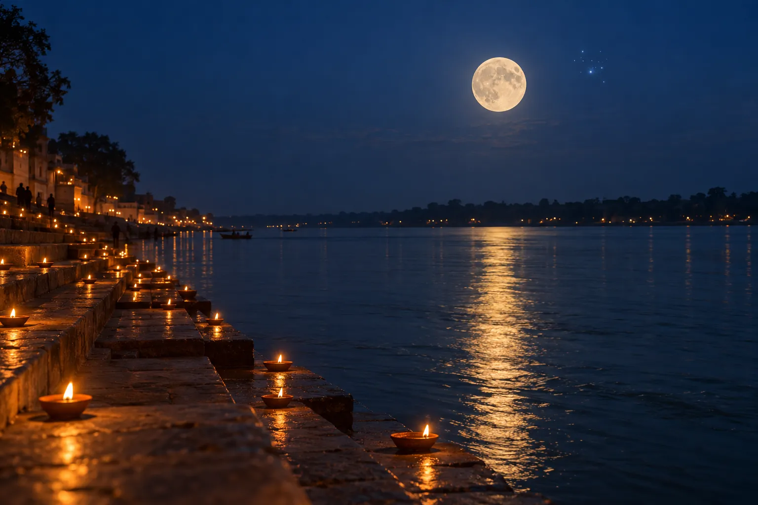 A bright full moon rising over river steps lined with small oil lamps at dusk, with a faint star cluster beside the moon