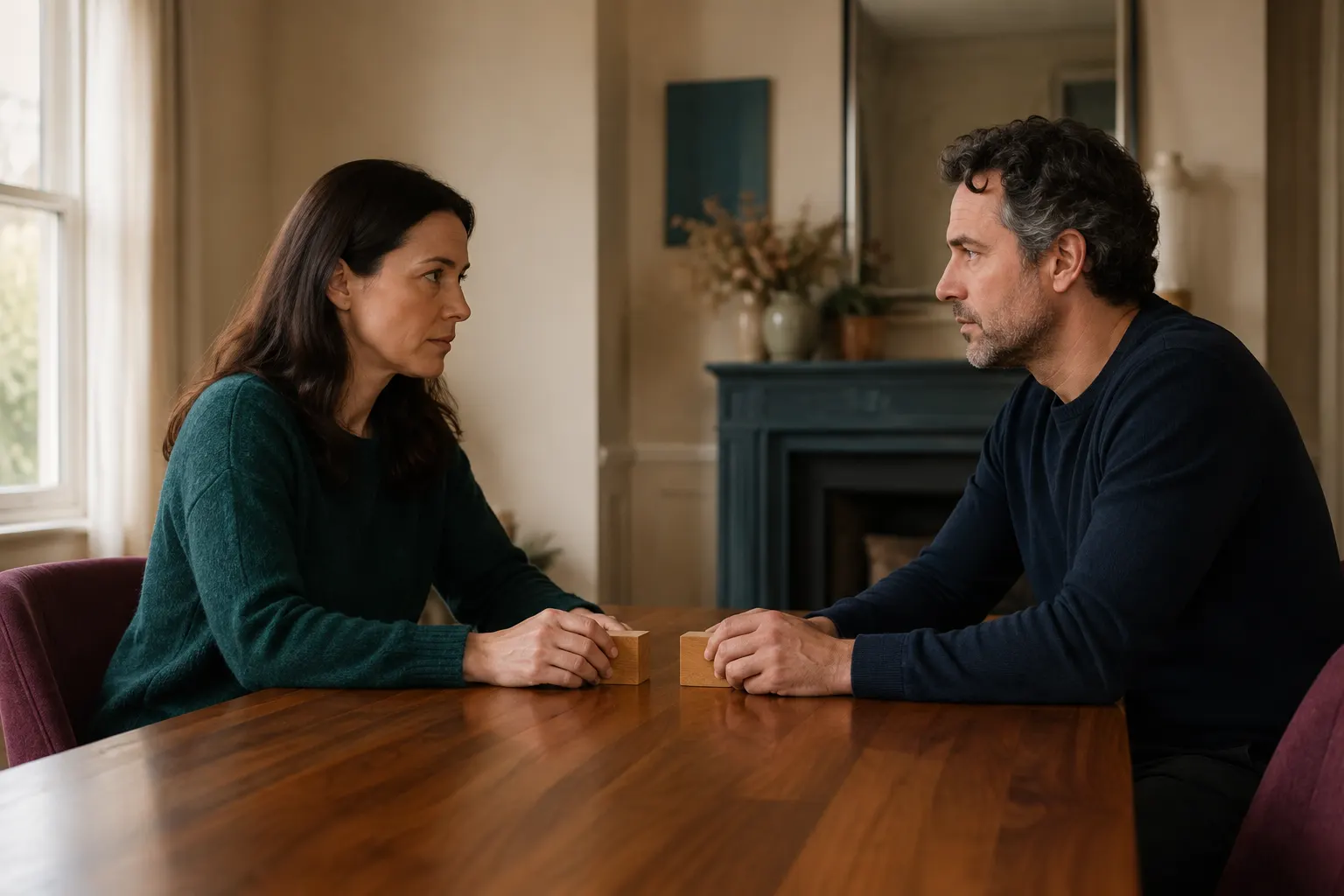 Couple cautiously aligning wooden blocks while discussing rebuilding trust