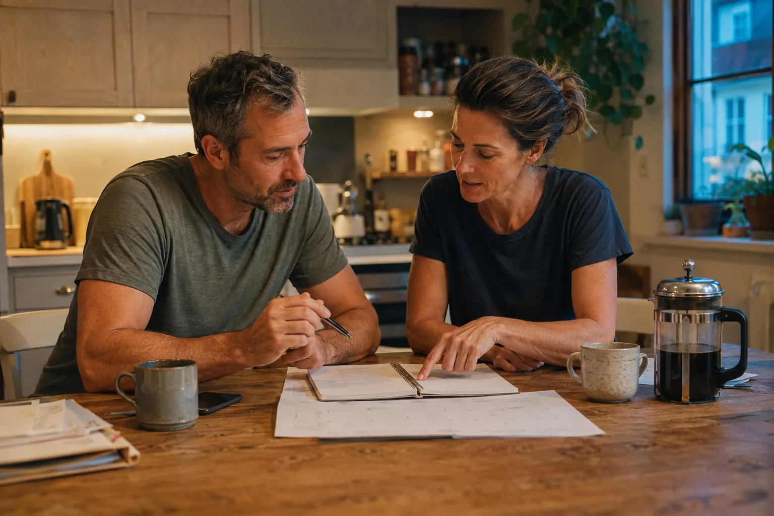 A reunited couple makes practical plans together at the kitchen table