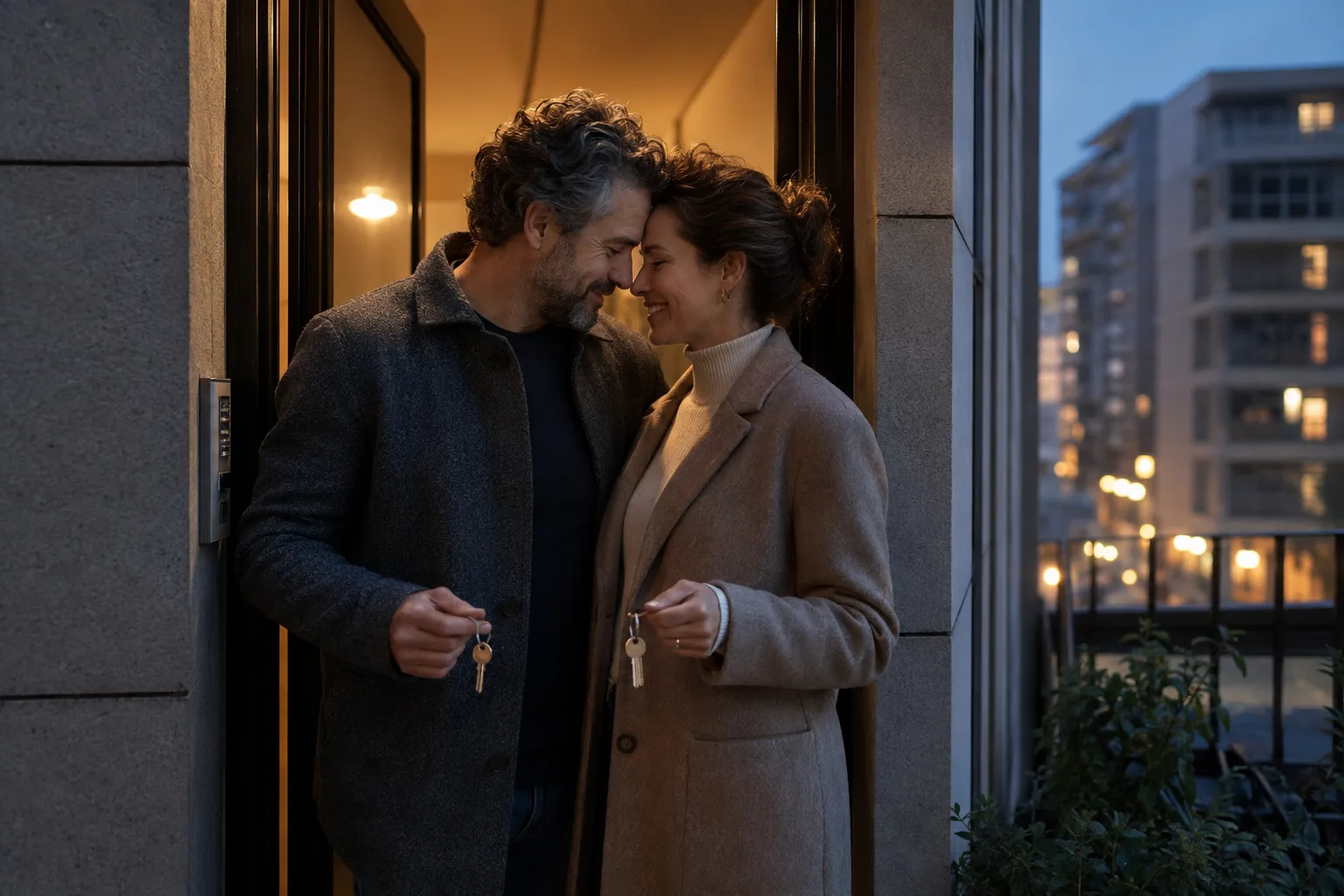A committed couple shares a warm goodbye while keeping separate homes