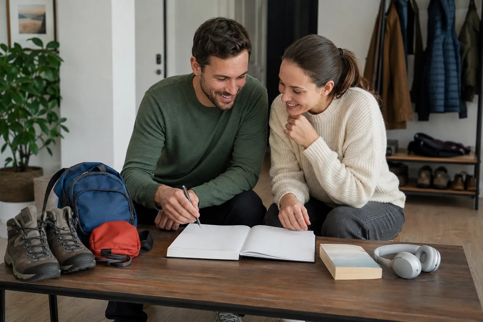 A couple compares different lifestyle preferences while planning time together
