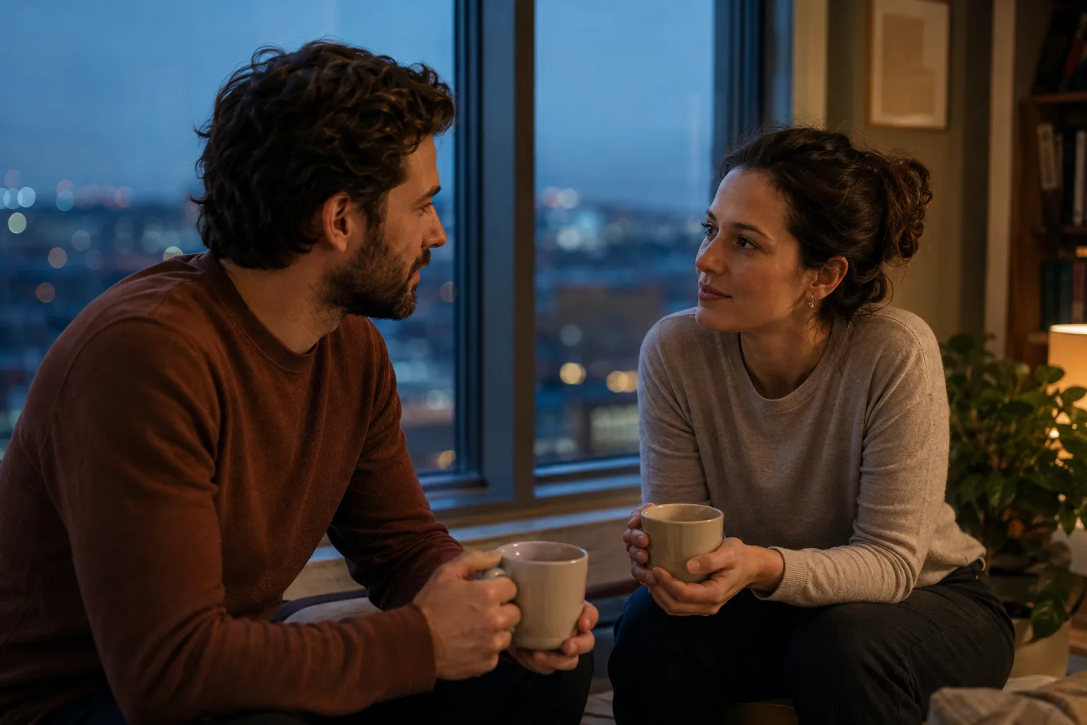 A couple shares tea and an attentive evening conversation beside an apartment window