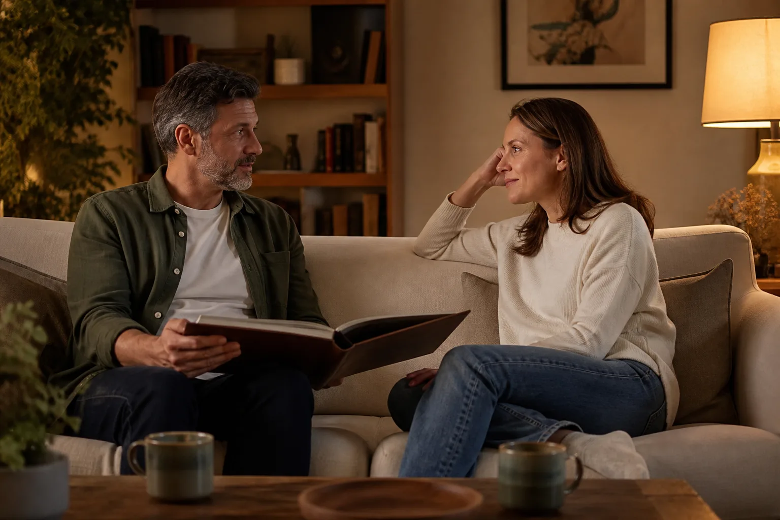 A middle-aged couple shares conversation and a photo album while sitting with comfortable space between them
