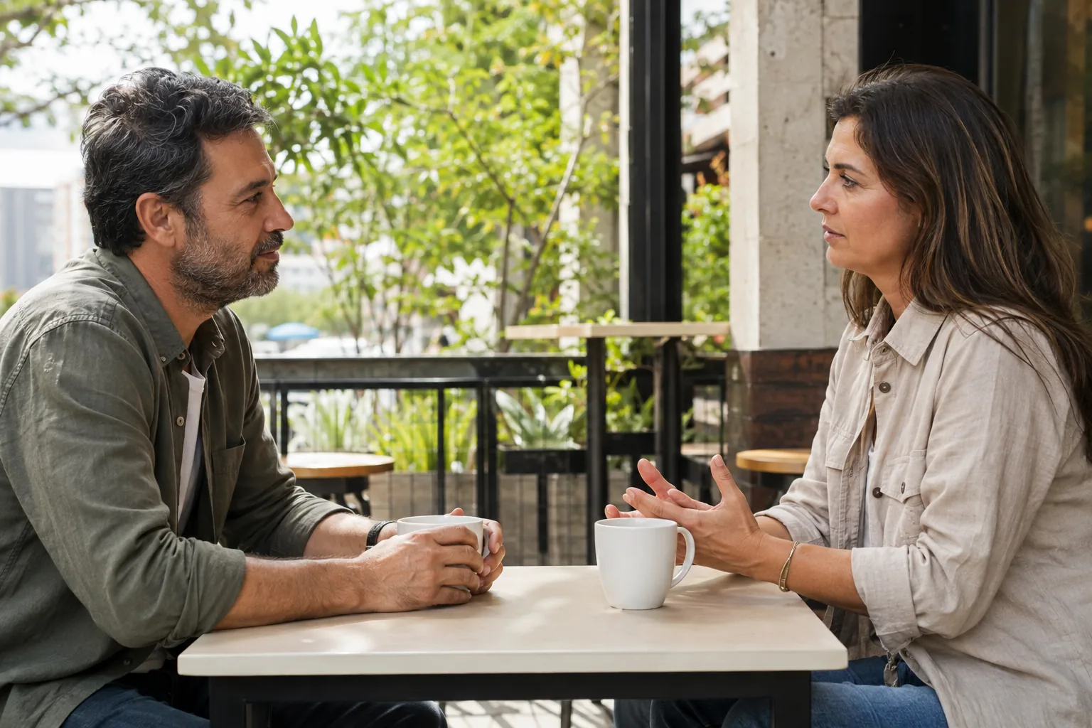 Mature couple have a serious and hopeful conversation at a quiet cafe