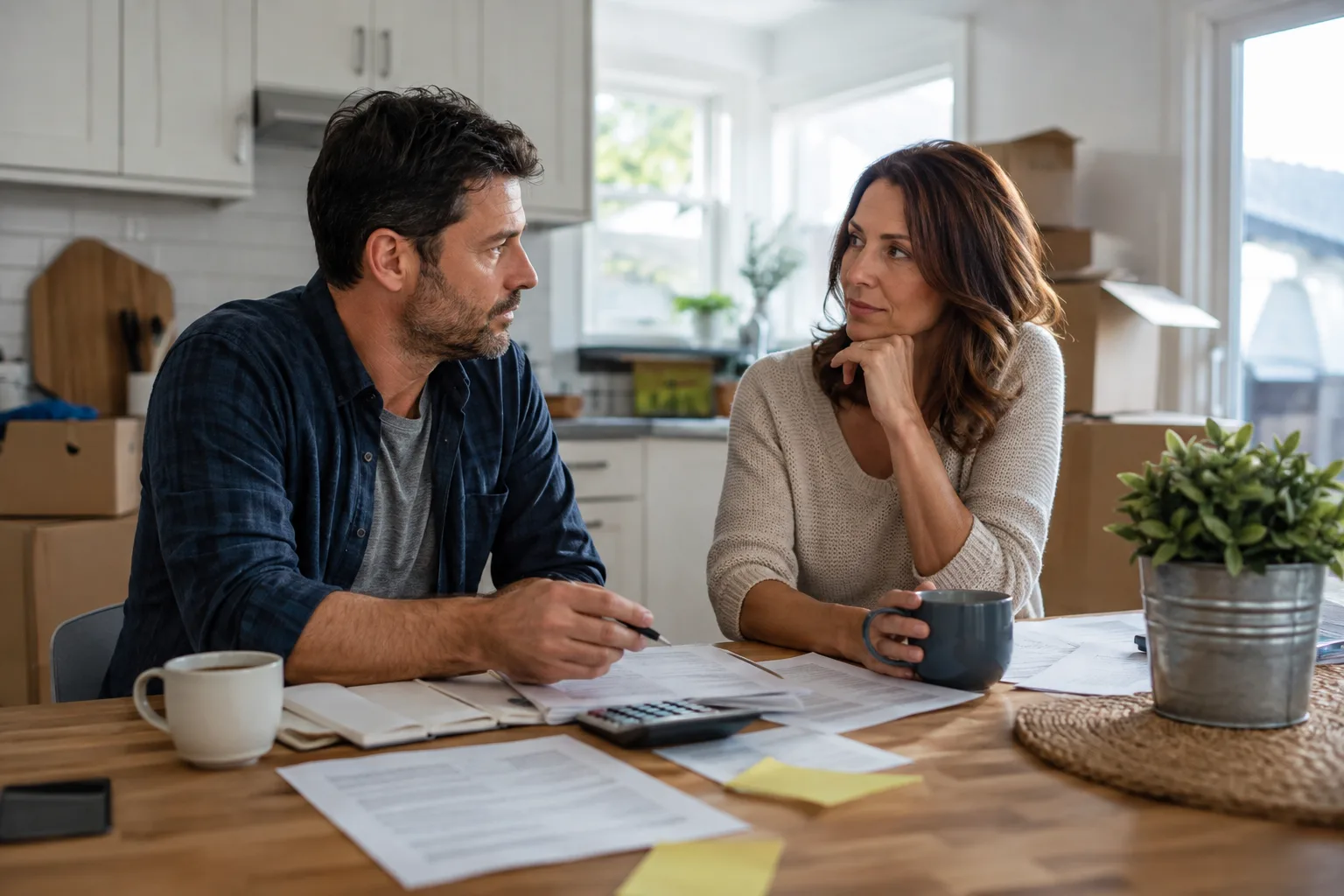 A couple discusses practical plans together in a bright kitchen with moving boxes nearby