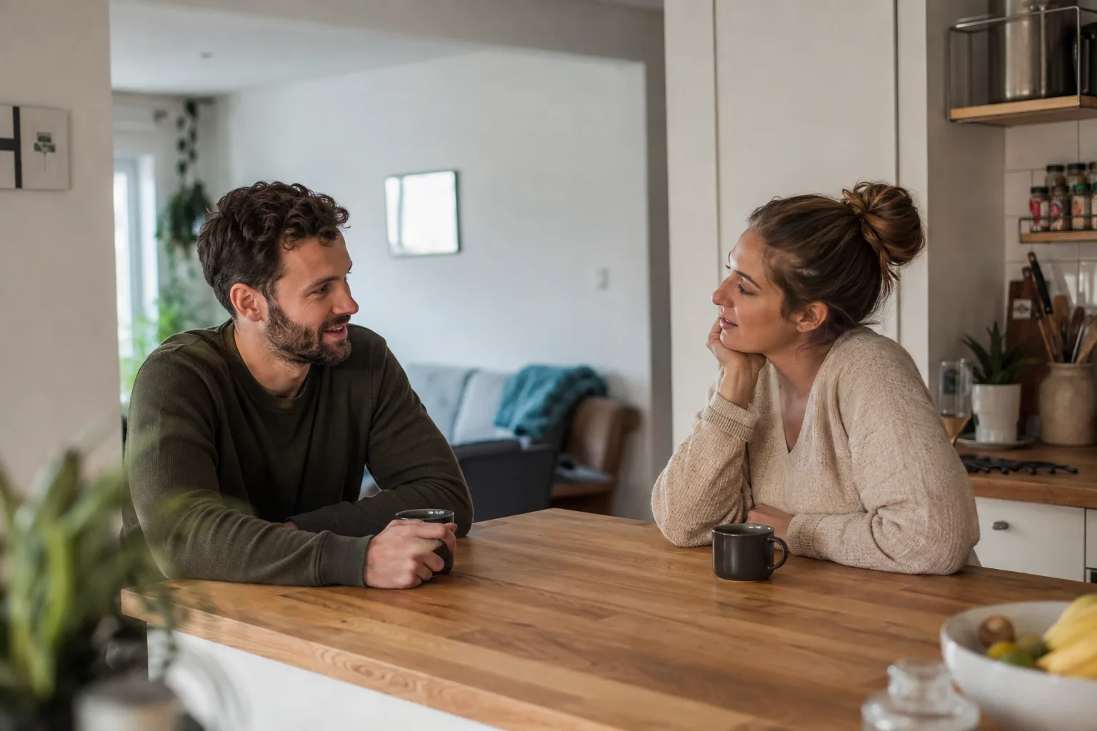 Two fully clothed adults having a warm conversation over coffee at a kitchen island
