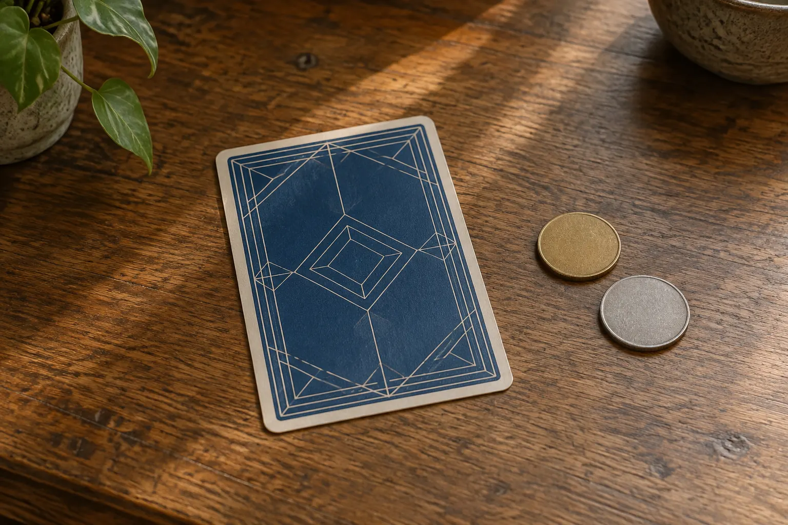 A single tarot card face down on a table beside two loose coins