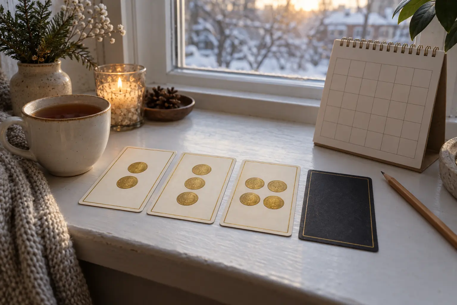 Three gold coin cards and one darker card laid on a winter windowsill beside a paper calendar open to January