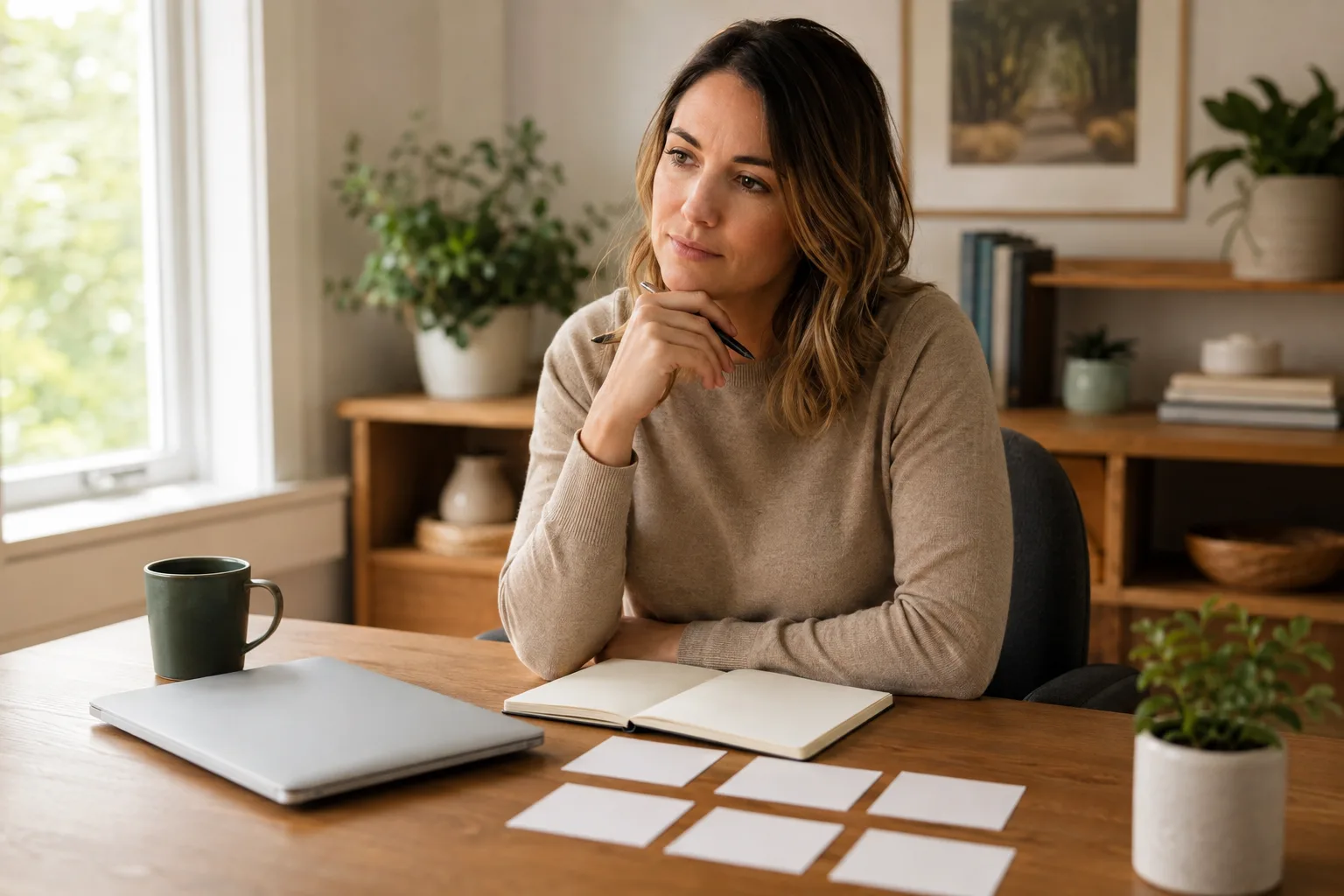 A professional woman reviews several possible career paths at a calm home-office desk