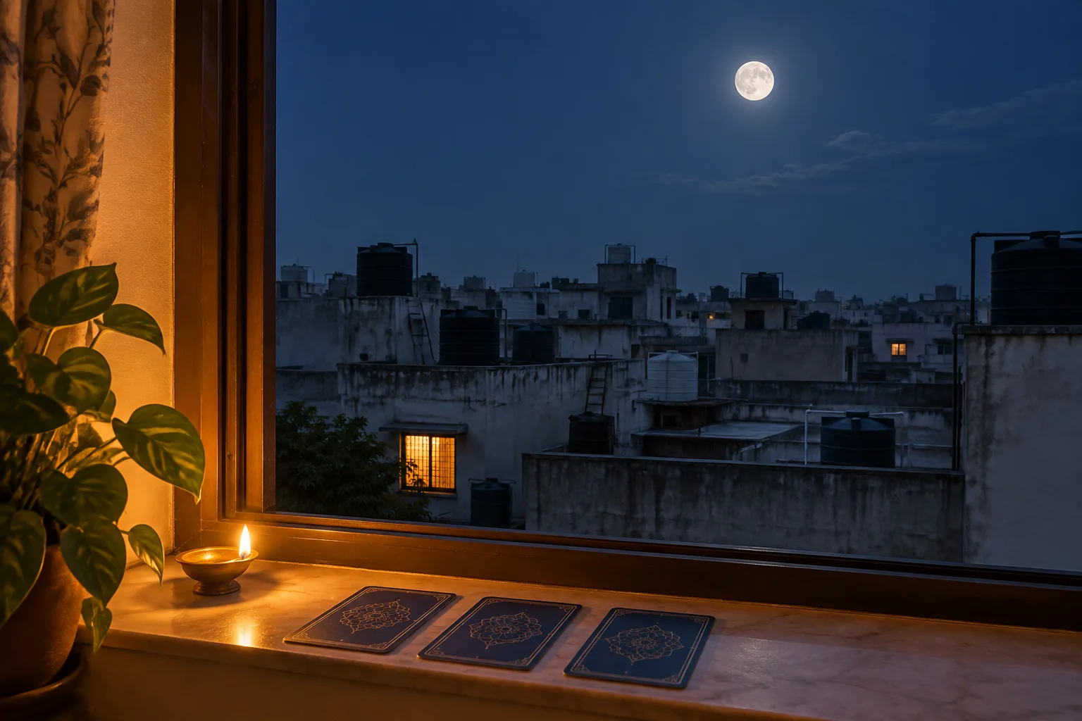A bright full moon high above a city rooftop at night, with a lit window below and three tarot-style cards on a sill