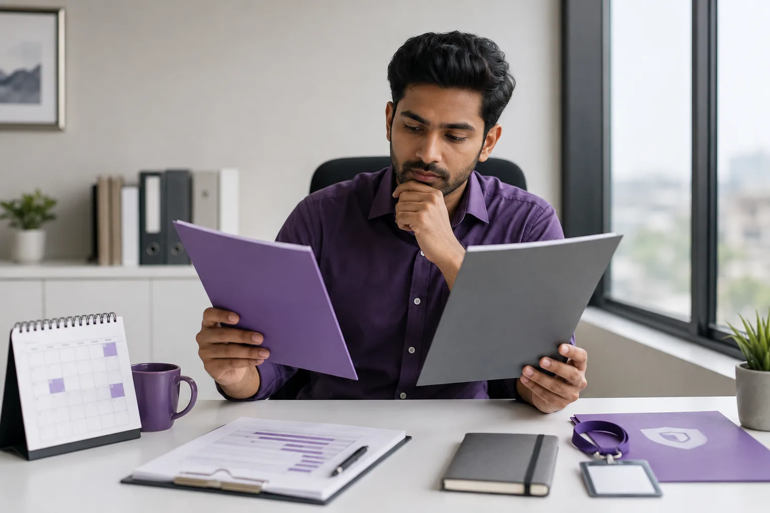 A professional compares a project contract with a long-term employment folder and calendar