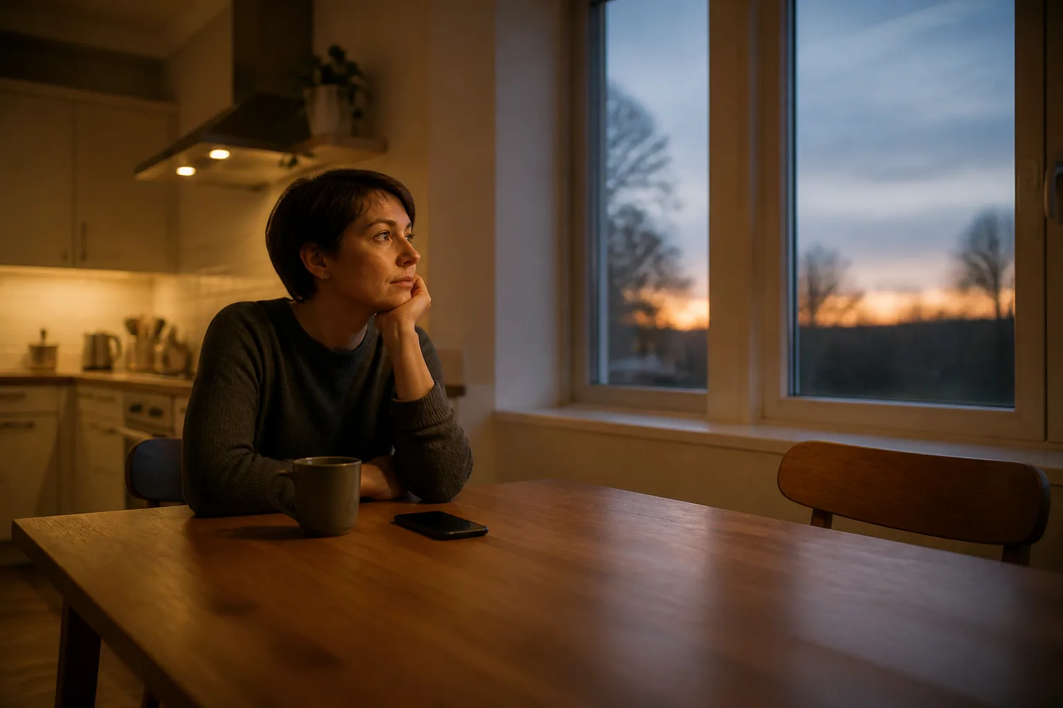 A thoughtful woman beside a mug and phone with an empty chair opposite